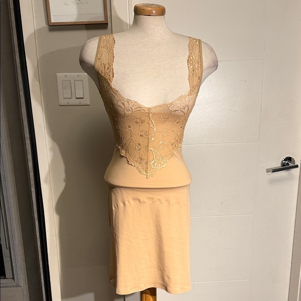 Elegant Vintage Style Lace Trimmed Beige Shapewear Slip Dress